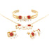 Discover the Girls Elephant Charm Jewelry Set, which includes a necklace, a gold cuff bracelet, a ring, and earrings. This exquisite set is adorned with decorative red and white ladybugs and elephants against a radiant white background. The adjustable pieces showcase intricate details in both silver and gold plating.